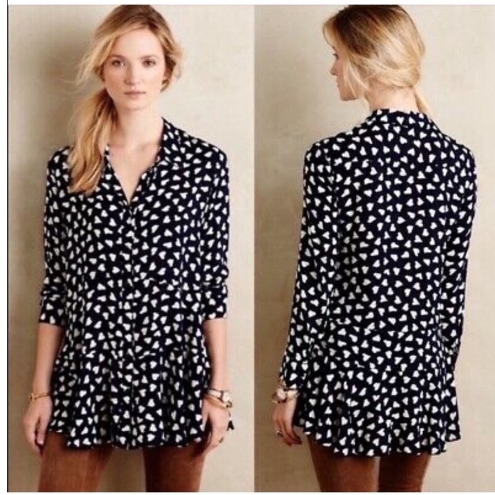 Anthropologie 11.1 Tylho Heart Print Long Sleeve Peplum Tunic Top Women's Small‎